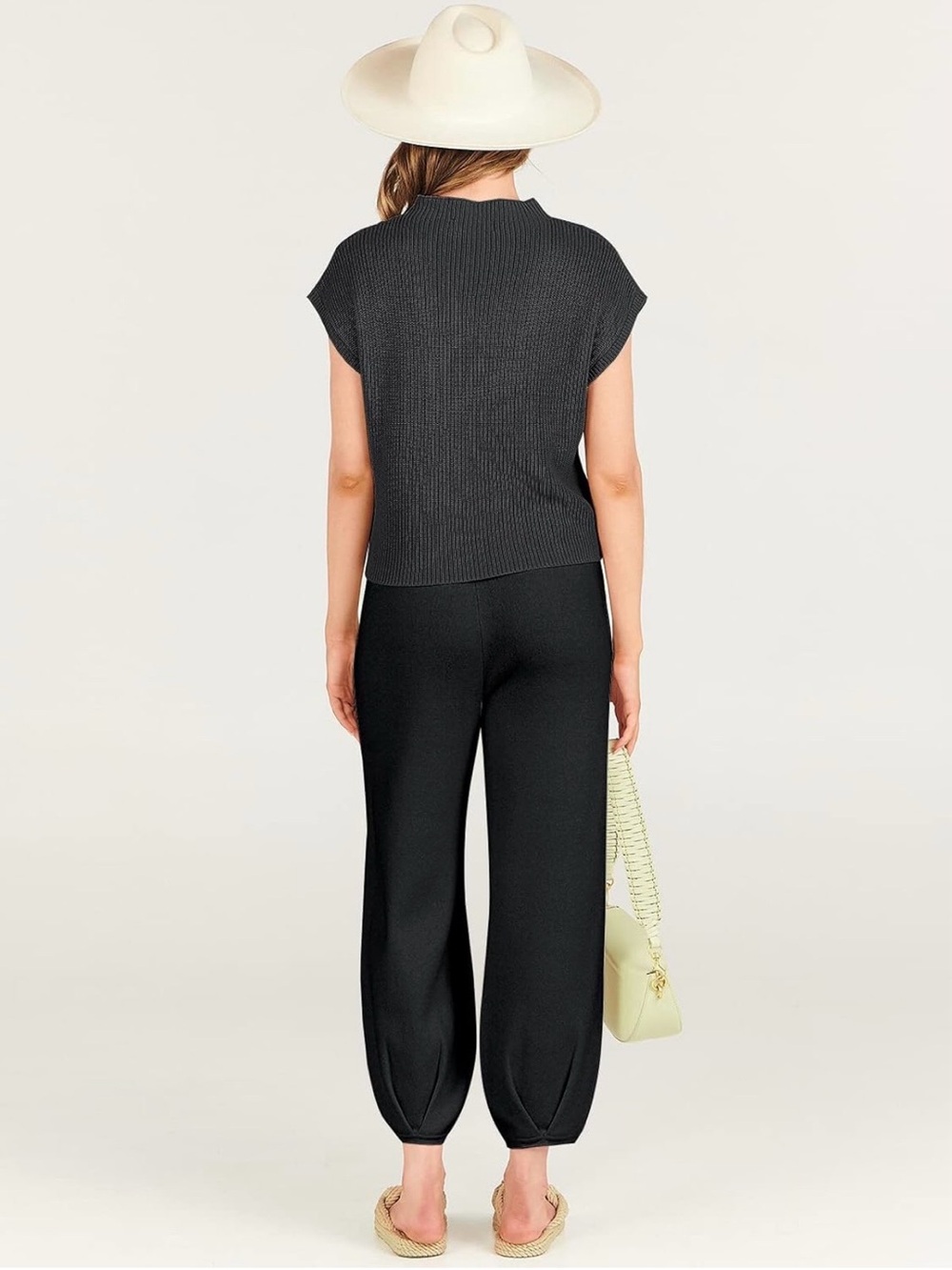 Anrabess Women’s Casual Black Ribbed Pocket Two- Piece Elevated Set, Size Medium - Picture 3 of 16